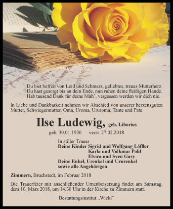 Traueranzeige von Ilse Ludewig von Thüringer Allgemeine, Thüringische Landeszeitung