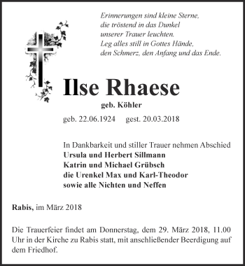 Traueranzeige von Ilse Rhaese von Ostthüringer Zeitung