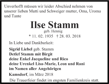 Traueranzeige von Ilse Stamm von Ostthüringer Zeitung