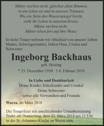 Traueranzeige von Ingeborg Backhaus von Ostthüringer Zeitung, Thüringische Landeszeitung