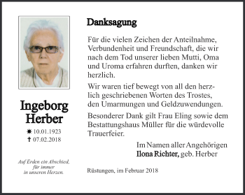 Traueranzeige von Ingeborg Herber von Thüringer Allgemeine