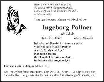 Traueranzeige von Ingeborg Pollner von Thüringer Allgemeine, Thüringische Landeszeitung