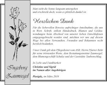 Traueranzeige von Ingeborg Zaumsegel von Ostthüringer Zeitung