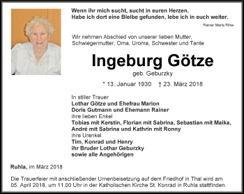 Traueranzeige von Ingeburg Götze von Thüringer Allgemeine, Thüringische Landeszeitung