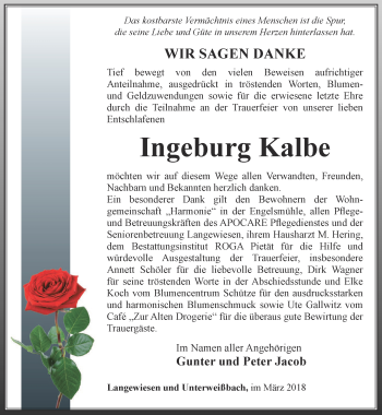 Traueranzeige von Ingeburg Kalbe von Ostthüringer Zeitung