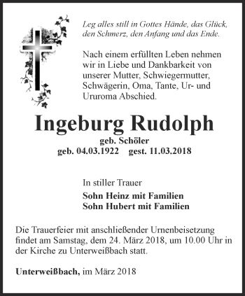 Traueranzeige von Ingeburg Rudolph von Ostthüringer Zeitung