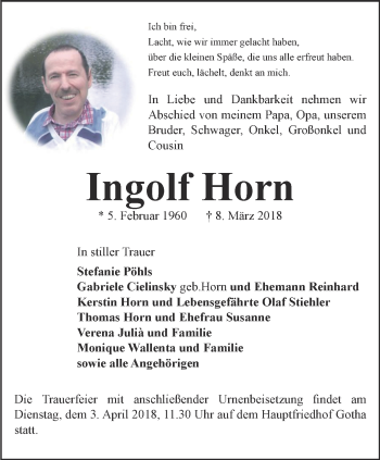 Traueranzeige von Ingolf Horn von Ostthüringer Zeitung, Thüringische Landeszeitung