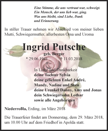 Traueranzeige von Ingrid Putsche von Thüringer Allgemeine, Thüringische Landeszeitung