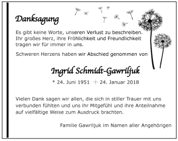 Traueranzeige von Ingrid Schmidt-Gawriljuk von Thüringer Allgemeine, Thüringische Landeszeitung