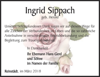 Traueranzeige von Ingrid Sippach von Ostthüringer Zeitung, Thüringische Landeszeitung