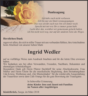 Traueranzeige von Ingrid Wedler von Thüringer Allgemeine