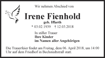 Traueranzeige von Irene Fienhold von Thüringer Allgemeine, Thüringische Landeszeitung