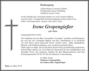 Traueranzeige von Irene Gropengießer von Thüringer Allgemeine