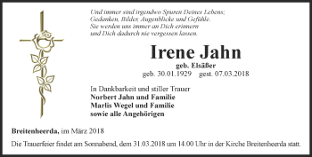 Traueranzeige von Irene Jahn von Ostthüringer Zeitung