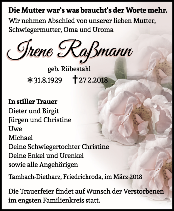 Traueranzeige von Irene Raßmann von Ostthüringer Zeitung, Thüringische Landeszeitung