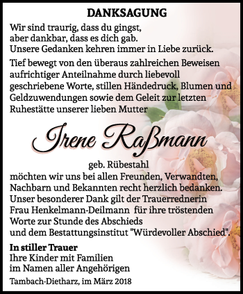 Traueranzeige von Irene Raßmann von Ostthüringer Zeitung, Thüringische Landeszeitung