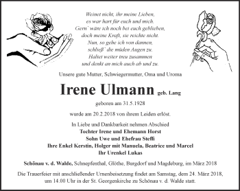 Traueranzeige von Irene Ulmann von Ostthüringer Zeitung, Thüringische Landeszeitung