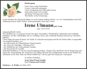 Traueranzeige von Irene Ulmann von Ostthüringer Zeitung, Thüringische Landeszeitung