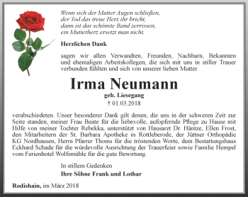 Traueranzeige von Irma Neumann von Thüringer Allgemeine