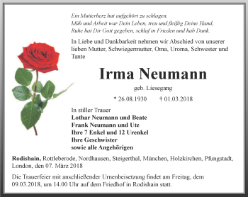 Traueranzeige von Irma Neumann von Thüringer Allgemeine