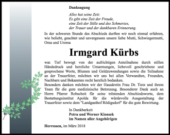 Traueranzeige von Irmgard Kürbs von Thüringer Allgemeine, Thüringische Landeszeitung