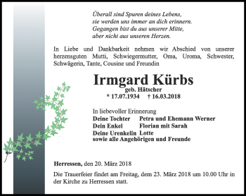 Traueranzeige von Irmgard Kürbs von Thüringer Allgemeine, Thüringische Landeszeitung