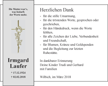 Traueranzeige von Irmgard Laufer von Thüringer Allgemeine