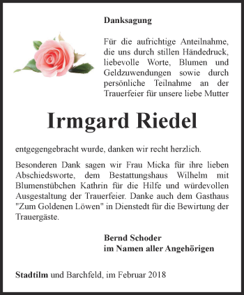 Traueranzeige von Irmgard Riedel von Thüringer Allgemeine