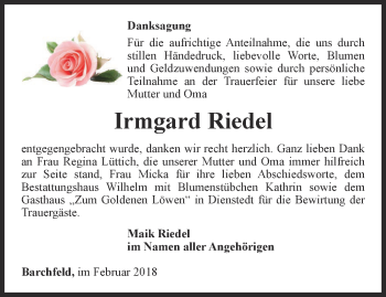 Traueranzeige von Irmgard Riedel von Thüringer Allgemeine, Thüringische Landeszeitung