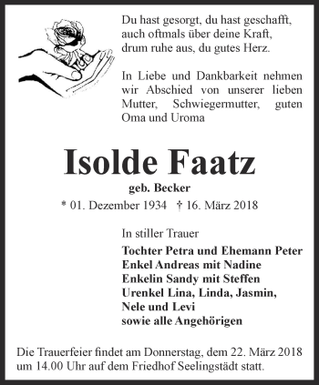 Traueranzeige von Isolde Faatz von Ostthüringer Zeitung