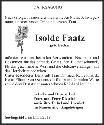 Traueranzeige von Isolde Faatz von Ostthüringer Zeitung