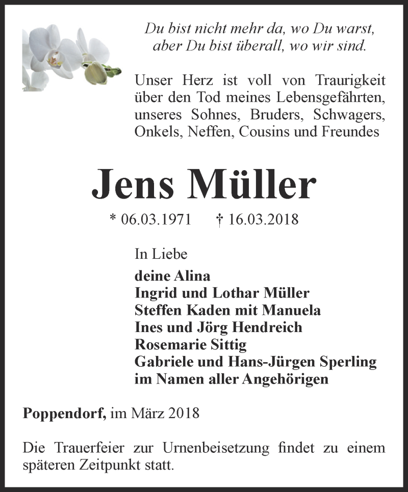 Traueranzeige für Jens Müller vom 23.03.2018 aus Ostthüringer Zeitung