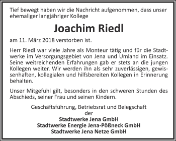 Traueranzeige von Joachim Riedl von Ostthüringer Zeitung