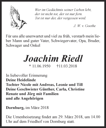 Traueranzeige von Joachim Riedl von Ostthüringer Zeitung, Thüringische Landeszeitung