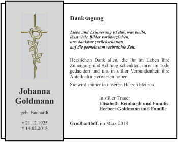 Traueranzeige von Johanna Goldmann von Thüringer Allgemeine