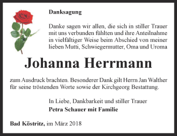 Traueranzeige von Johanna Herrmann von Ostthüringer Zeitung