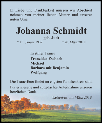 Traueranzeige von Johanna Schmidt von Ostthüringer Zeitung