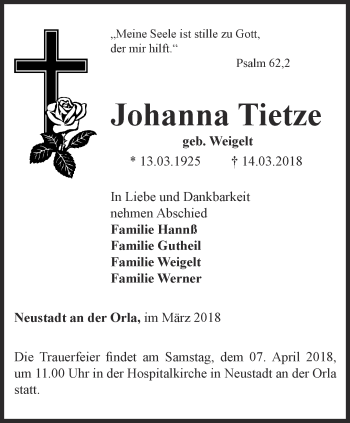 Traueranzeige von Johanna Tietze