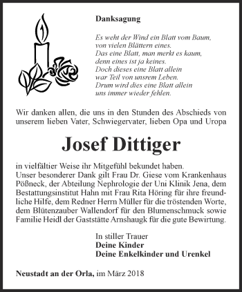 Traueranzeige von Josef Dittiger