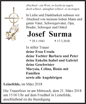 Traueranzeige von Josef Surma von Thüringer Allgemeine