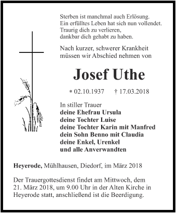 Traueranzeige von Josef Uthe von Thüringer Allgemeine, Thüringische Landeszeitung