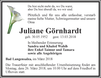 Traueranzeige von Juliane Görnhardt von Thüringer Allgemeine, Thüringische Landeszeitung