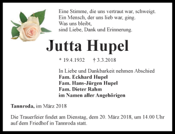 Traueranzeige von Jutta Humpel von Thüringer Allgemeine, Thüringische Landeszeitung