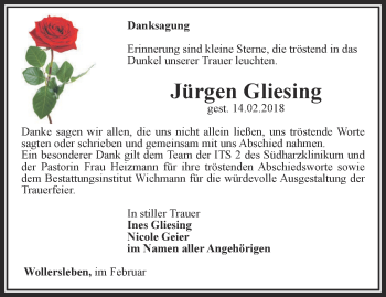 Traueranzeige von Jürgen Gliesing von Thüringer Allgemeine