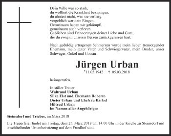 Traueranzeige von Jürgen Urban von Ostthüringer Zeitung