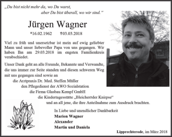 Traueranzeige von Jürgen Wagner von Thüringer Allgemeine