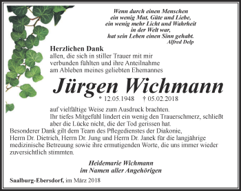 Traueranzeige von Jürgen Wichmann von Ostthüringer Zeitung