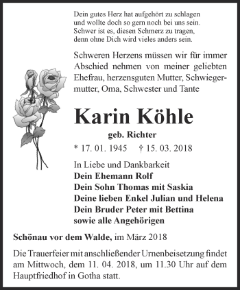 Traueranzeige von Karin Köhle von Ostthüringer Zeitung, Thüringische Landeszeitung