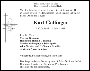 Traueranzeige von Karl Gallinger von Thüringer Allgemeine