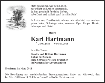 Traueranzeige von Karl Hartmann von Ostthüringer Zeitung